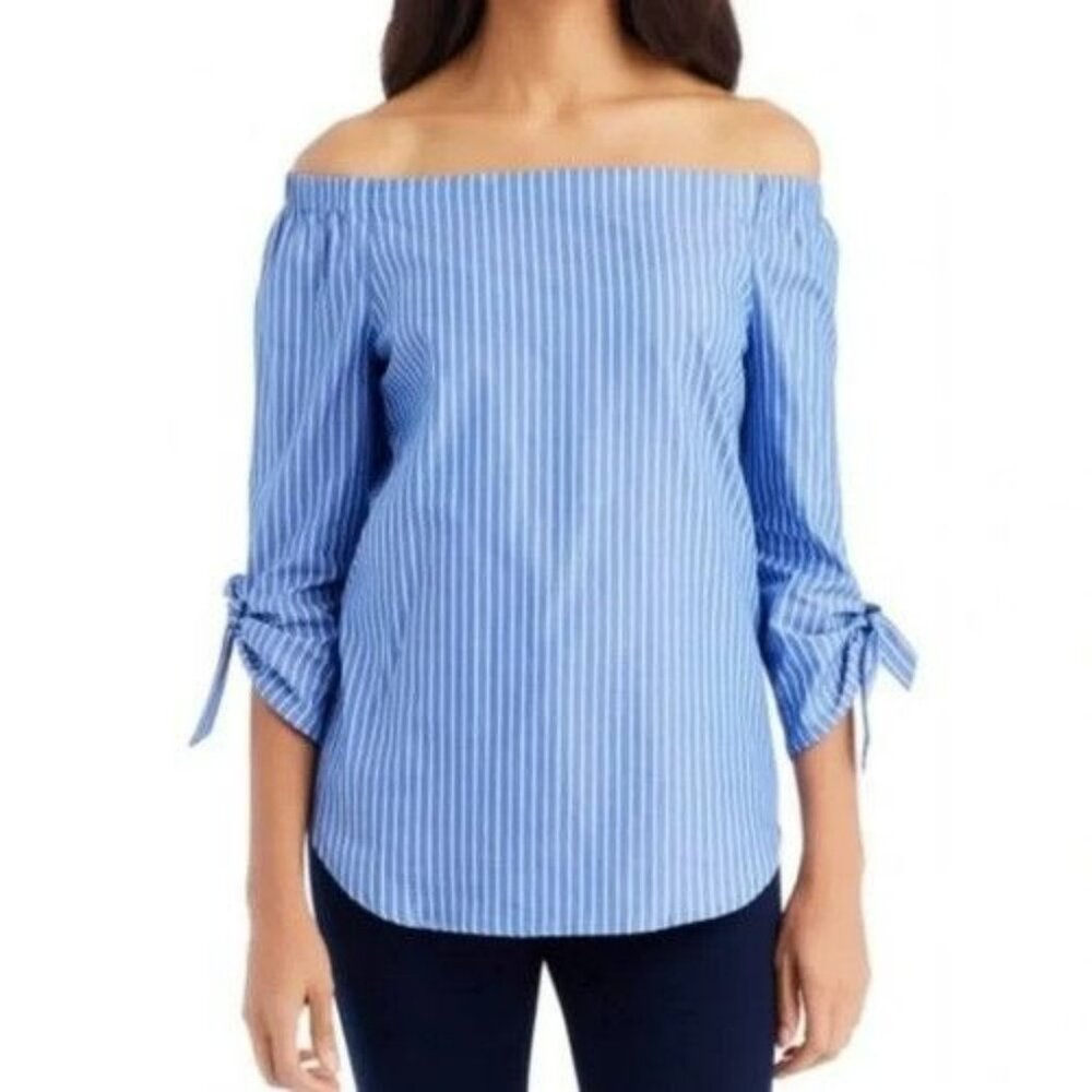 J. McLaughlin Natasha Top Medium Blue White Striped Off Shoulder Nautical Tie